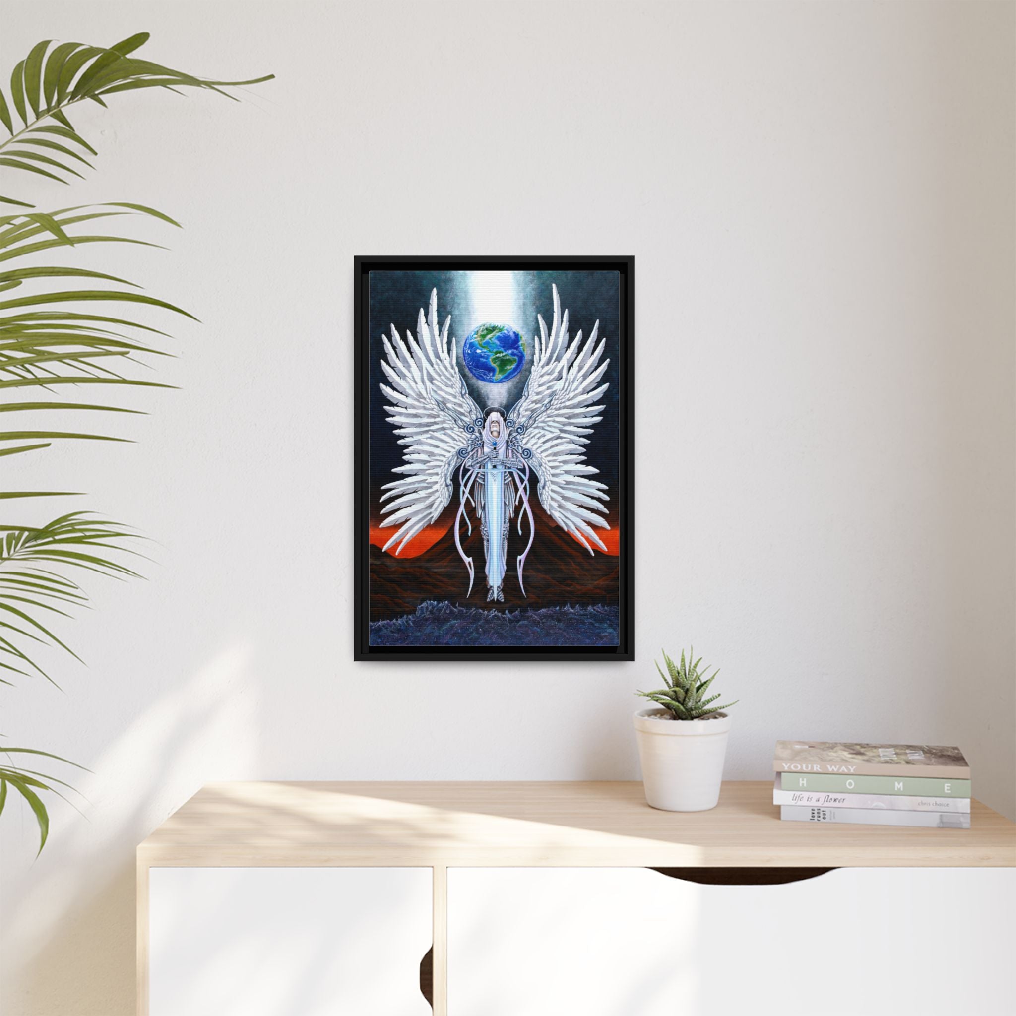"The Sentinel" Print by James Neely – Angel Guardian Framed Canvas Print — Ethereal Winged Warrior with Earth (Matte)