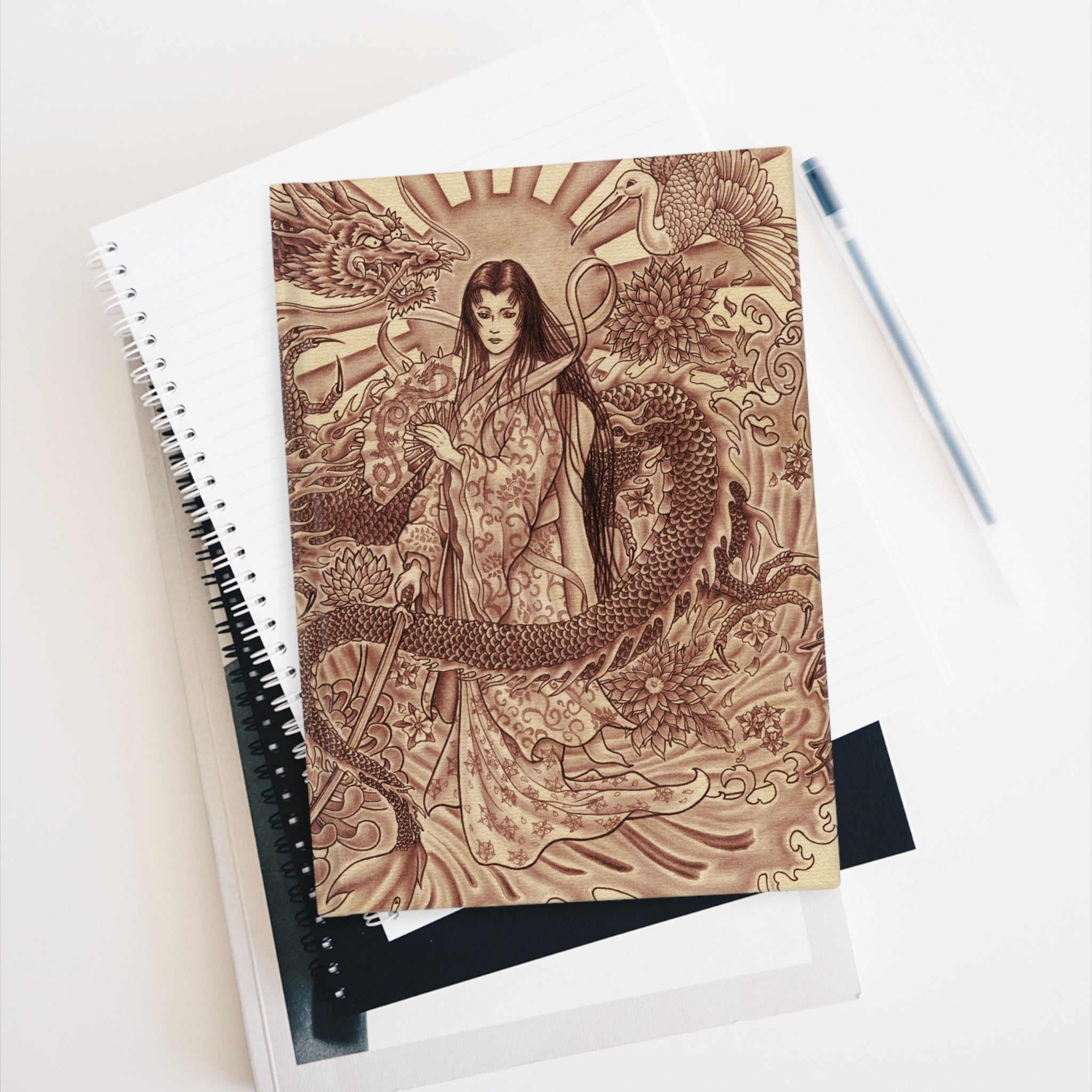 Asian Dragon Goddess Journal – Vintage Sepia Blank Notebook with Kanji and Floral Motif