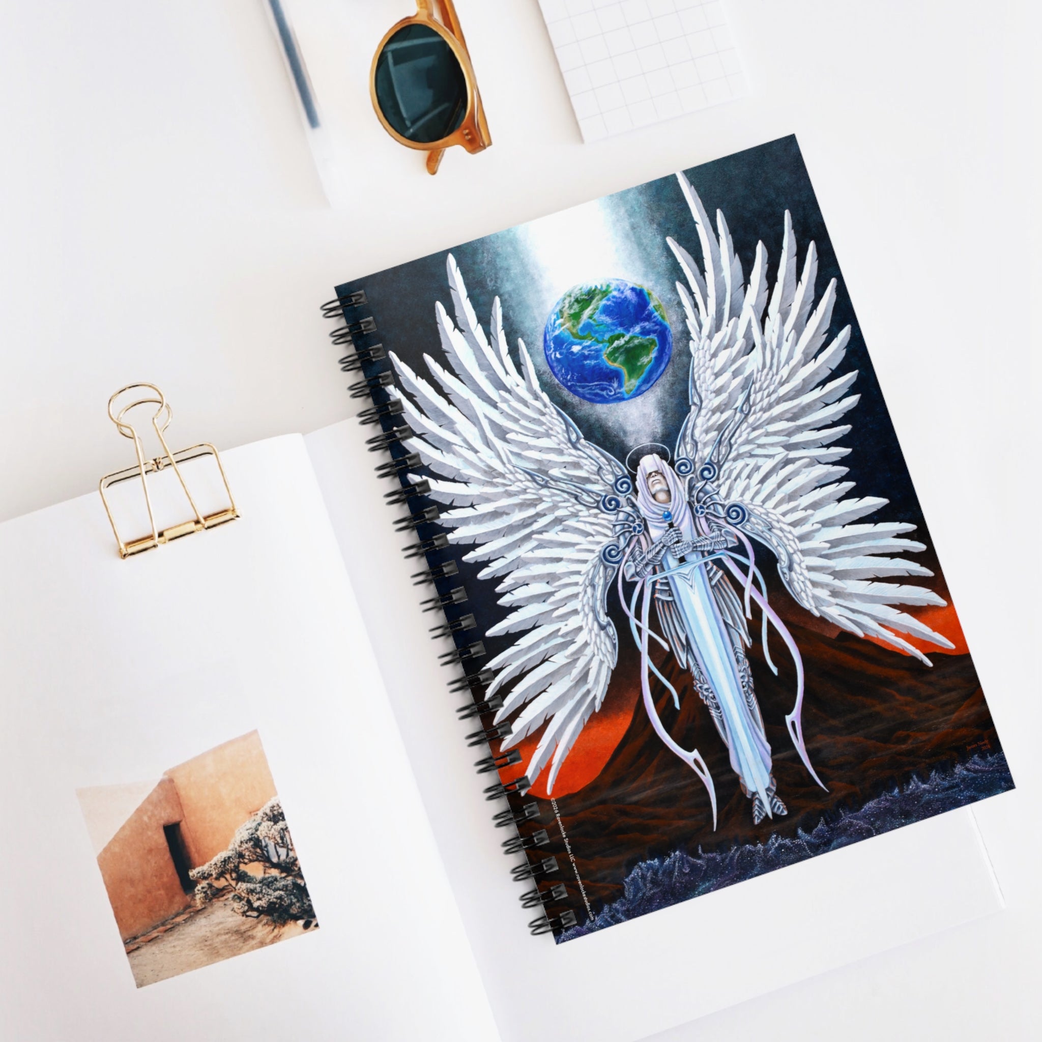 "The Sentinel" original art by James Neely Angel Guardian Spiral Notebook — Earth & Sword Fantasy Journal (Ruled)