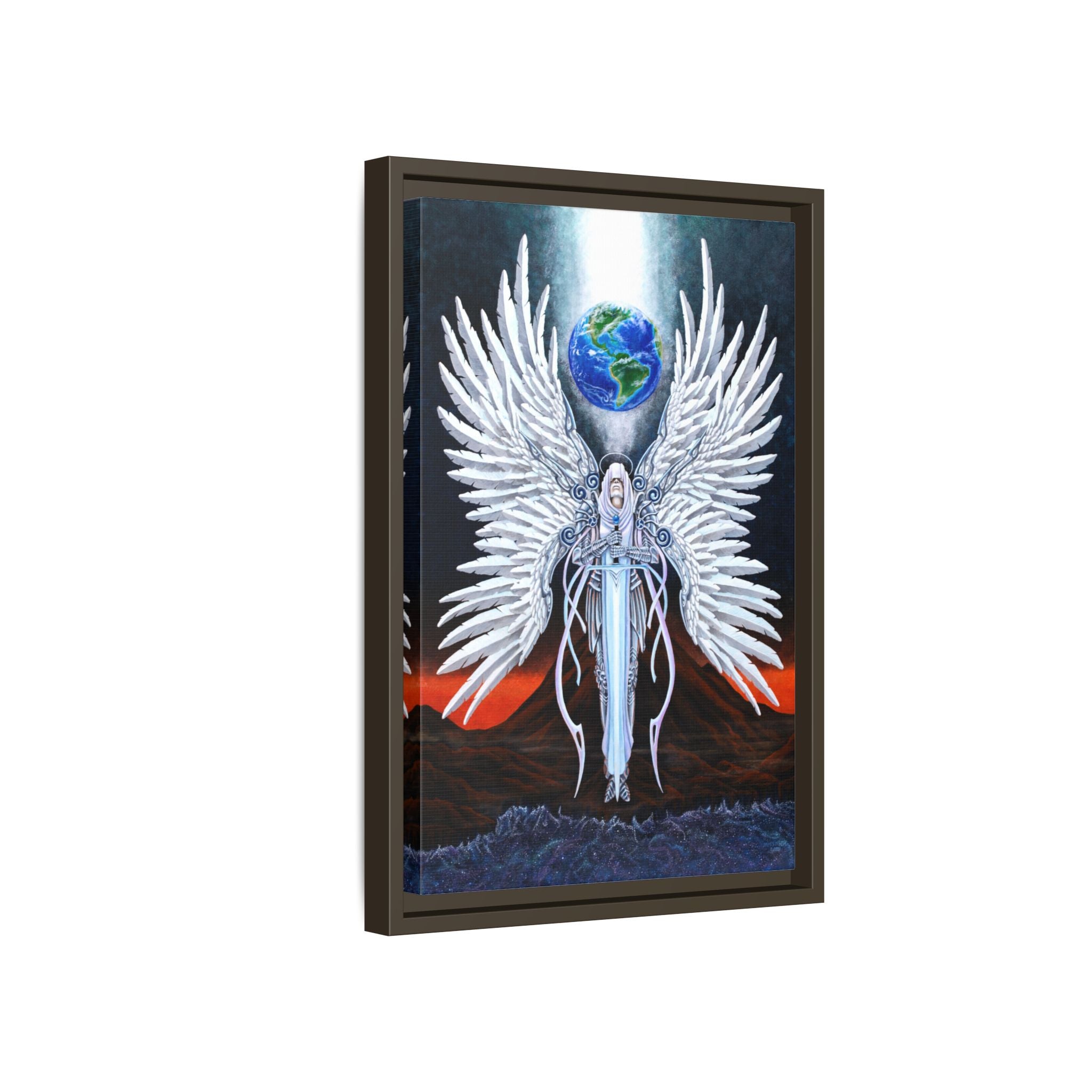 "The Sentinel" Print by James Neely – Angel Guardian Framed Canvas Print — Ethereal Winged Warrior with Earth (Matte)