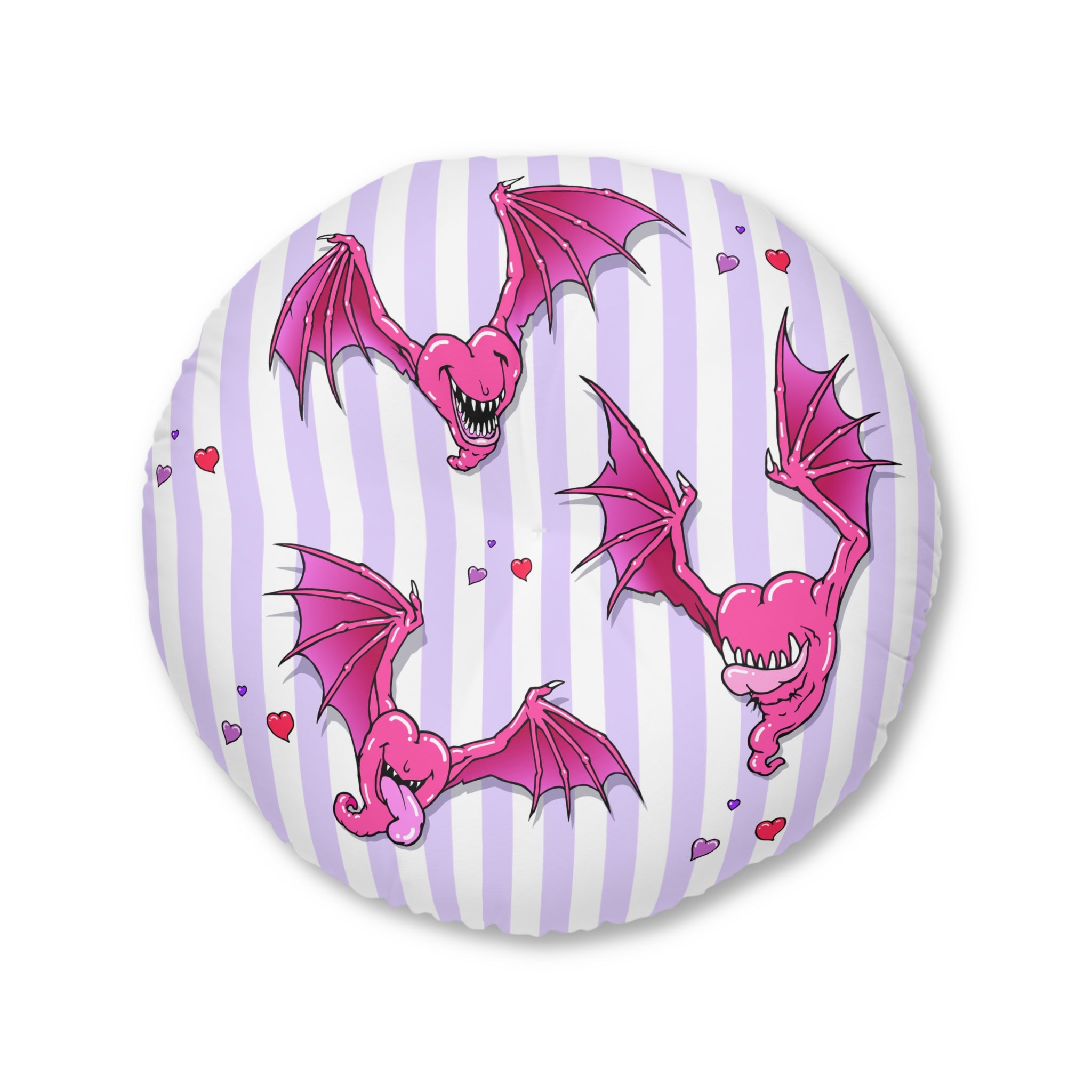 Round Tufted Floor Pillow — Pink Heart Bat Pattern on Purple Stripe