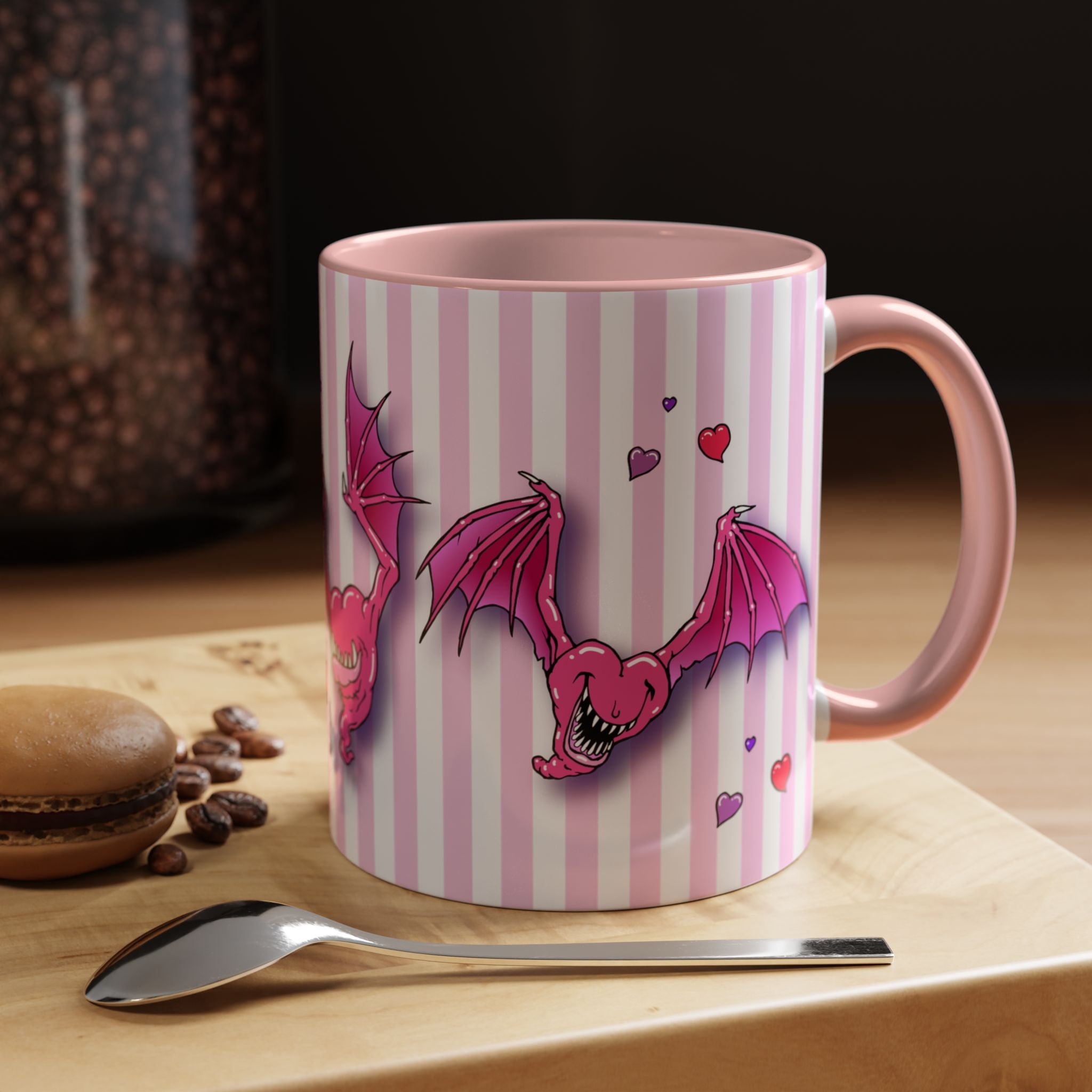 Heartbats on Pink Stripes Coffee Mug — Cute Gothic Valentine Accent Mug (11/15oz)