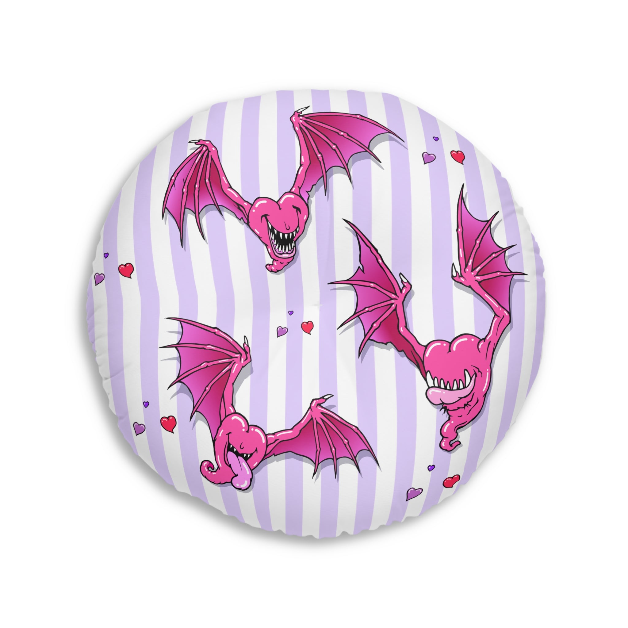 Round Tufted Floor Pillow — Pink Heart Bat Pattern on Purple Stripe