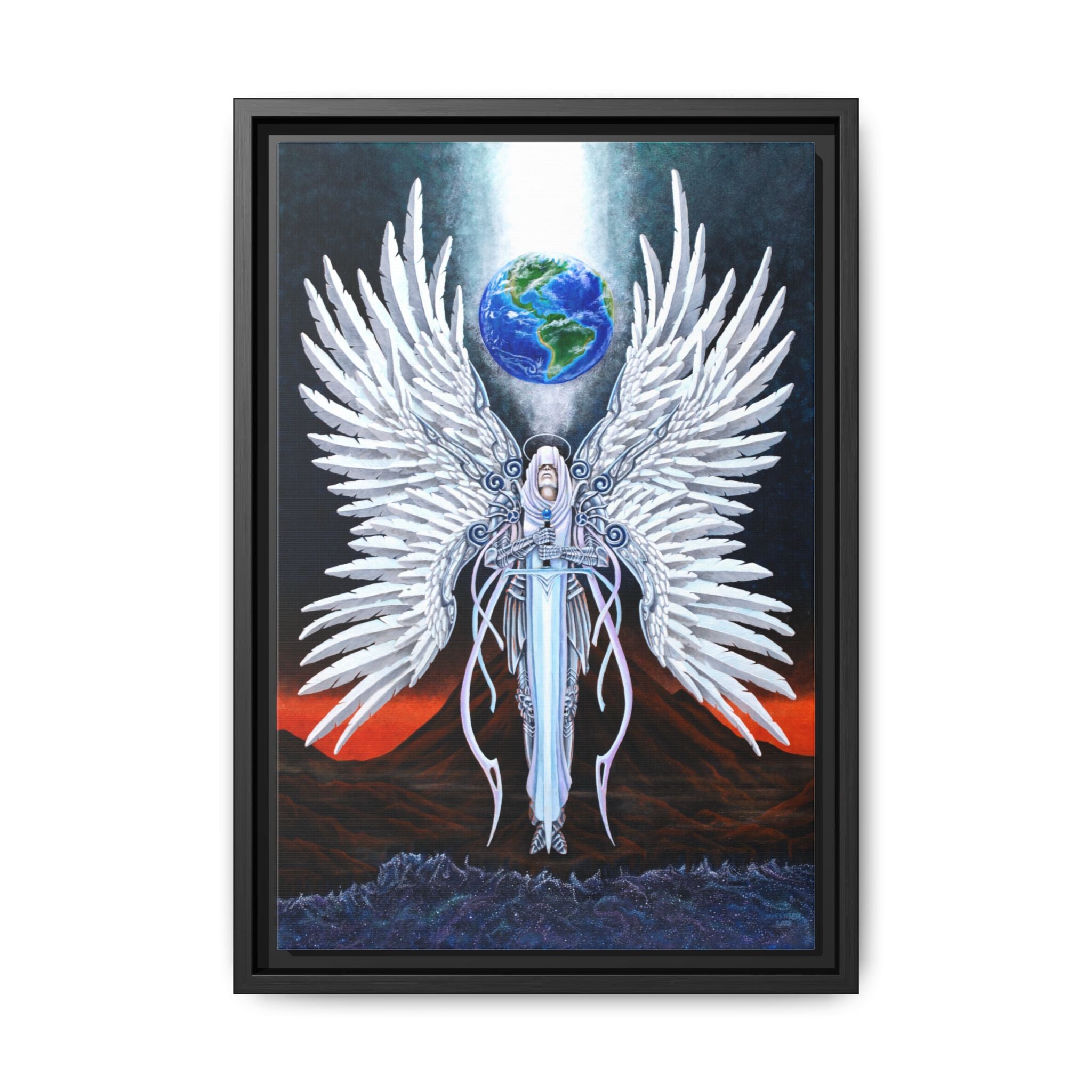 "The Sentinel" Print by James Neely – Angel Guardian Framed Canvas Print — Ethereal Winged Warrior with Earth (Matte)