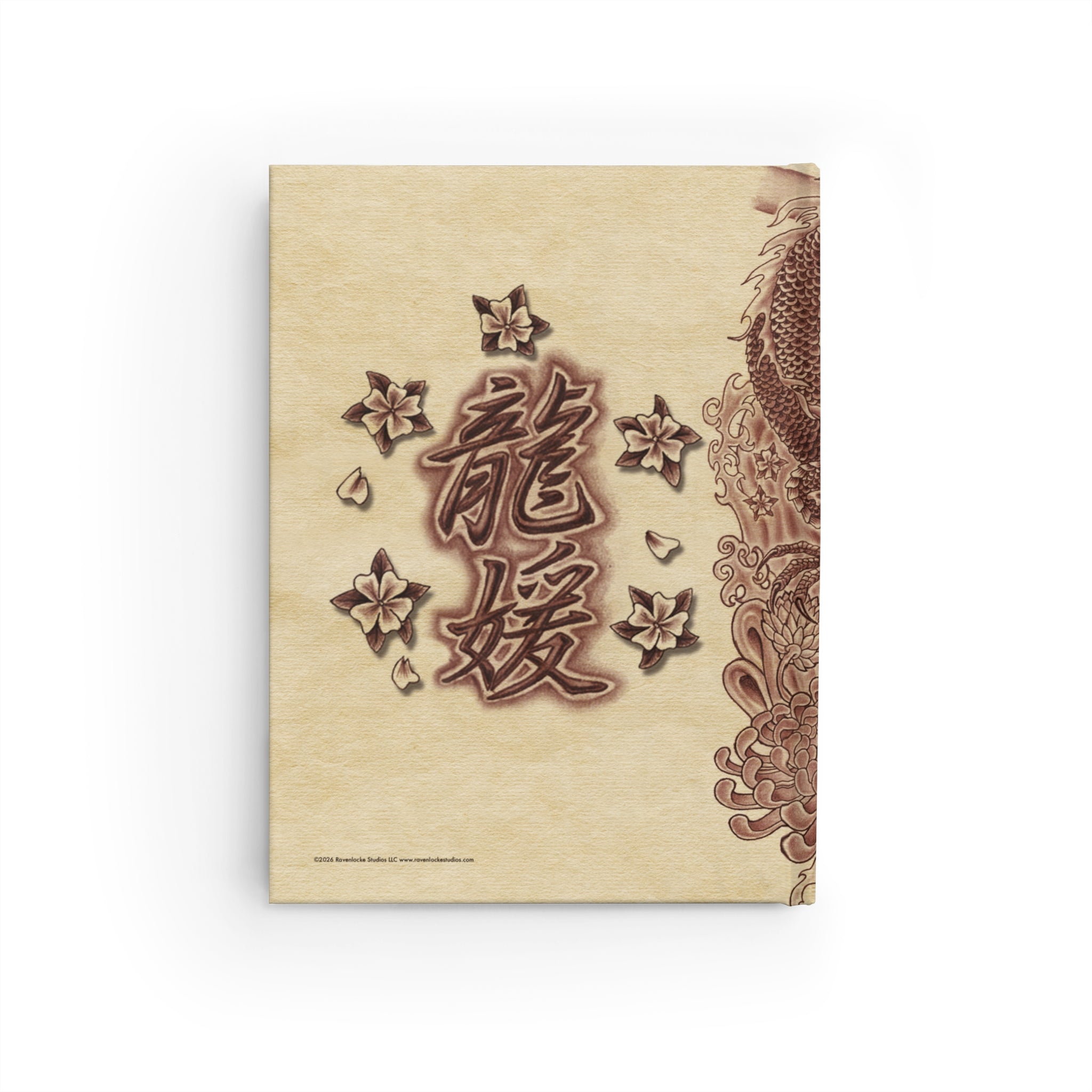 Asian Dragon Goddess Journal – Vintage Sepia Blank Notebook with Kanji and Floral Motif
