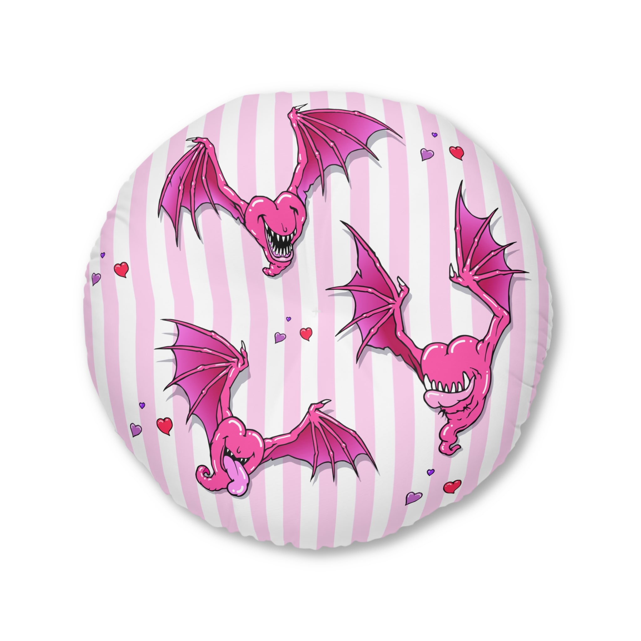 Round Tufted Floor Pillow — Pink Stripe Heart Bats Pattern