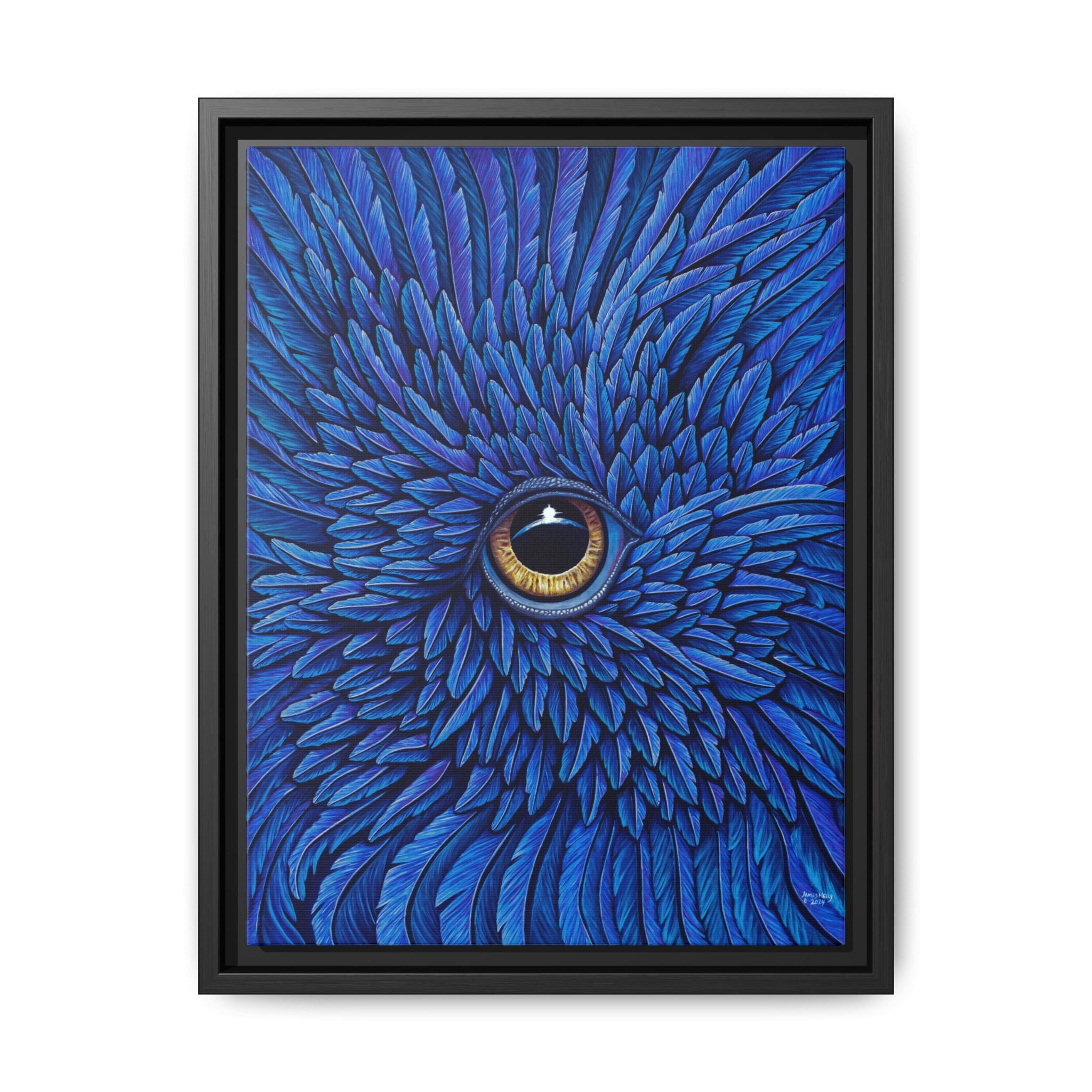 "Beheld" by James Neely – Seraph Archetypal Angelic Being viewing Earth – Framed Matte Canvas Art — Blue Feather Eye Close-Up