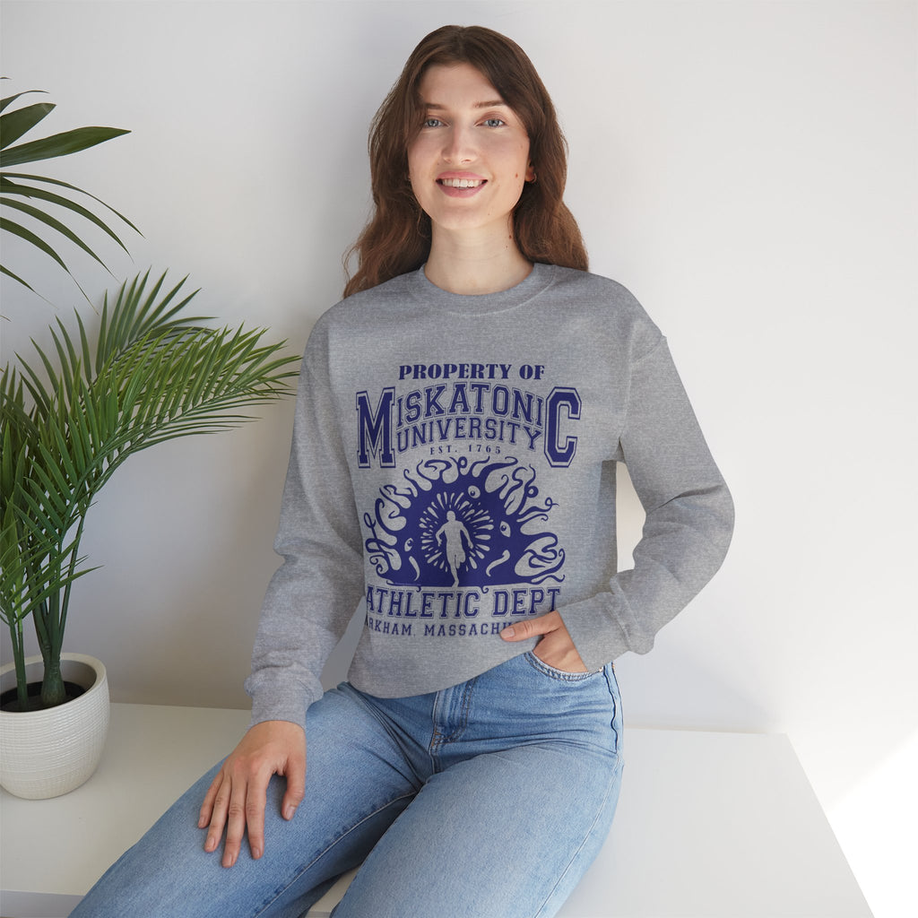 Miskatonic University Athletic Dept Crewneck Sweatshirt - Humorous Arkham Horror College Wear with Shoggoth