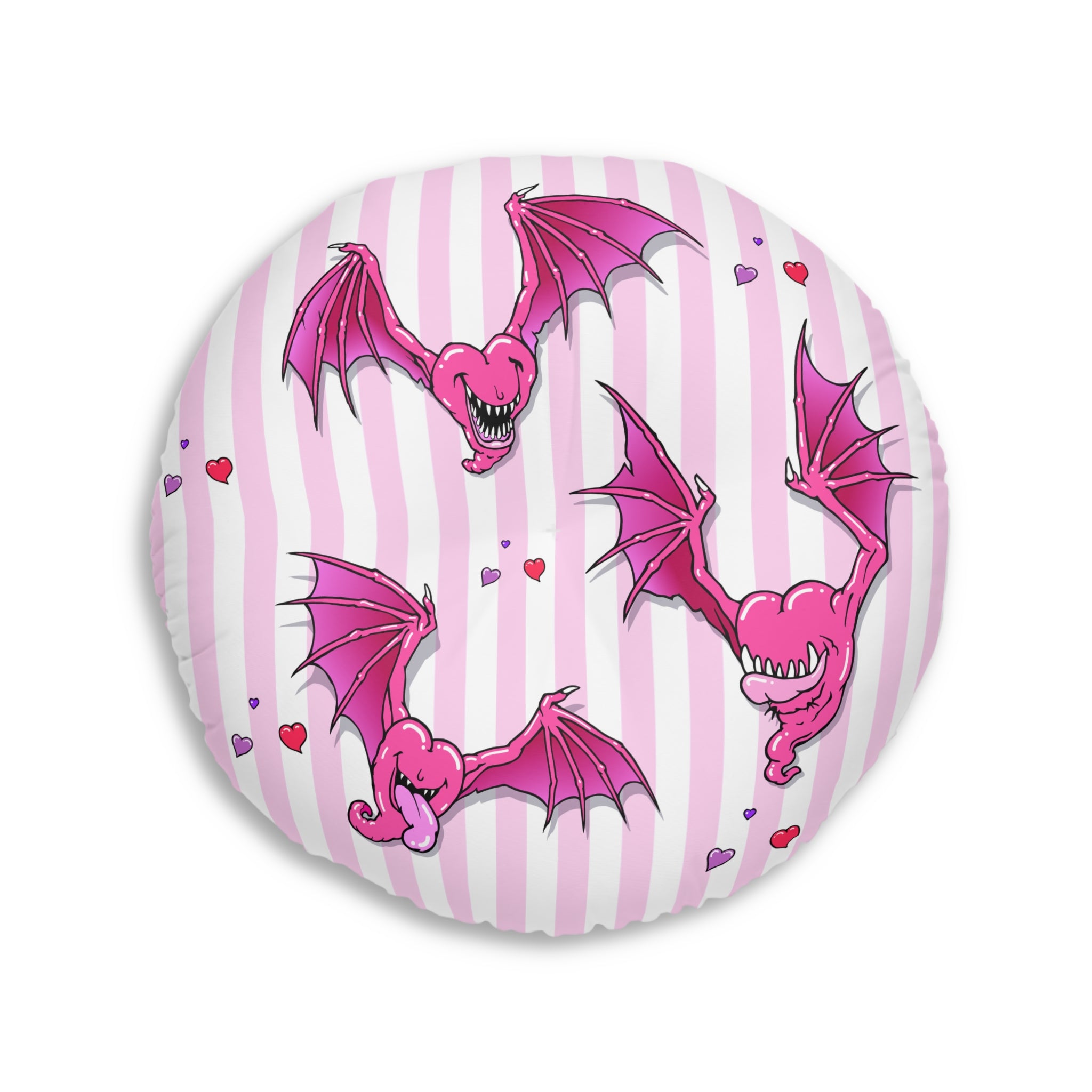 Round Tufted Floor Pillow — Pink Stripe Heart Bats Pattern