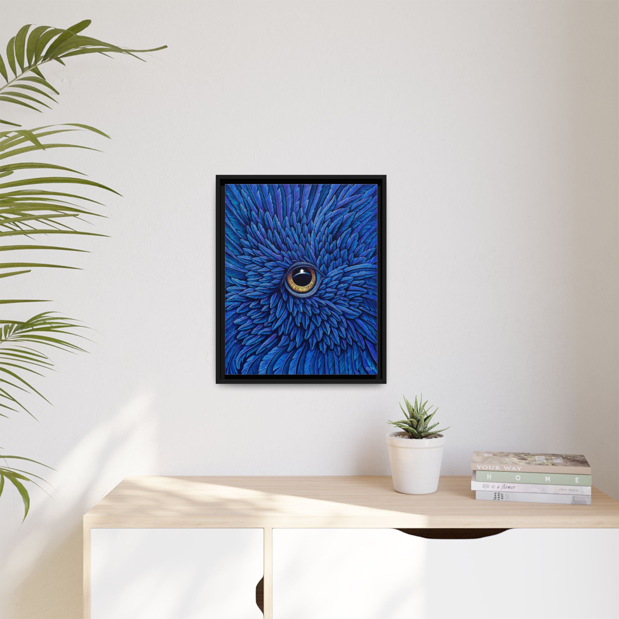"Beheld" by James Neely – Seraph Archetypal Angelic Being viewing Earth – Framed Matte Canvas Art — Blue Feather Eye Close-Up