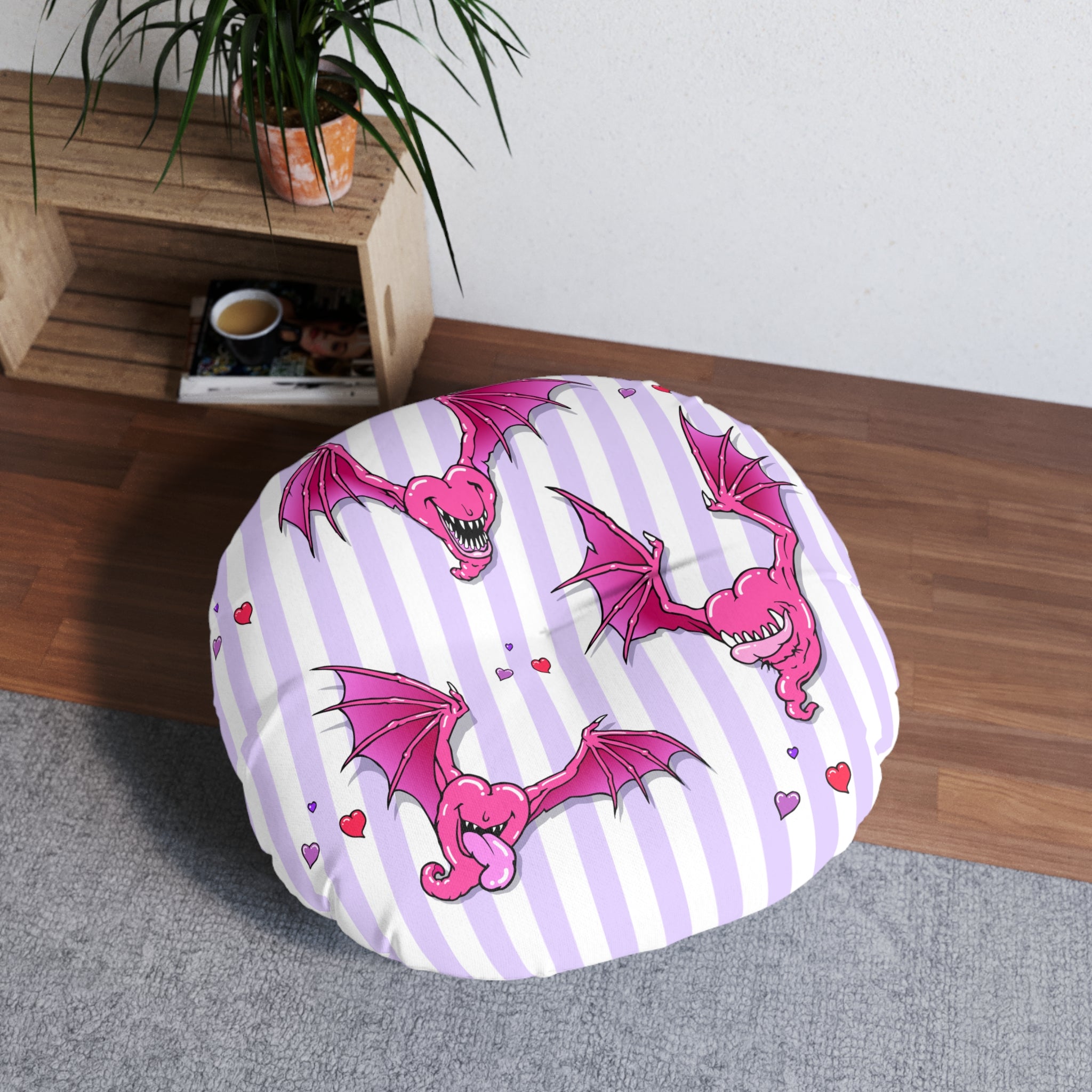 Round Tufted Floor Pillow — Pink Heart Bat Pattern on Purple Stripe