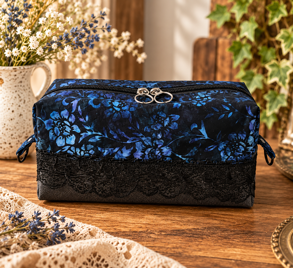 Midnight Blue Blooms – Handmade Floral Lace Cosmetic Pouch