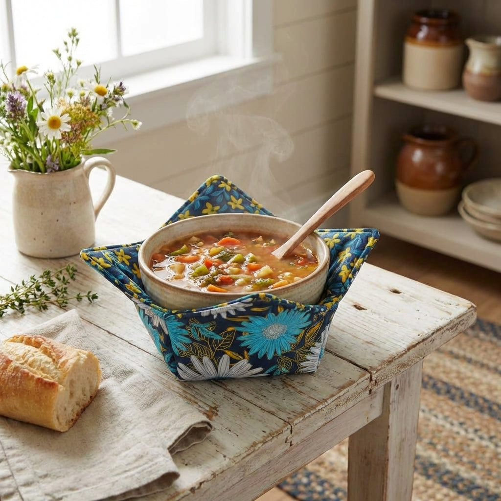 Blue Daisy Field – 10” Quilted Bowl Cozy (Microwave Safe)