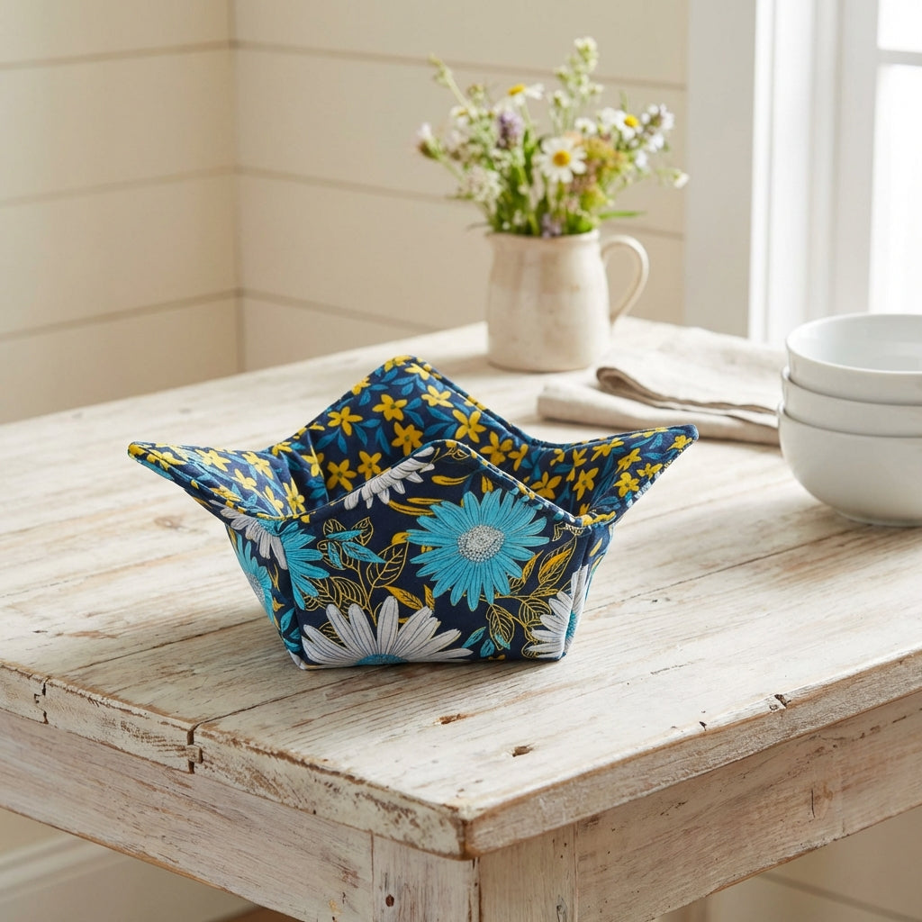 Blue Daisy Field – 10” Quilted Bowl Cozy (Microwave Safe)