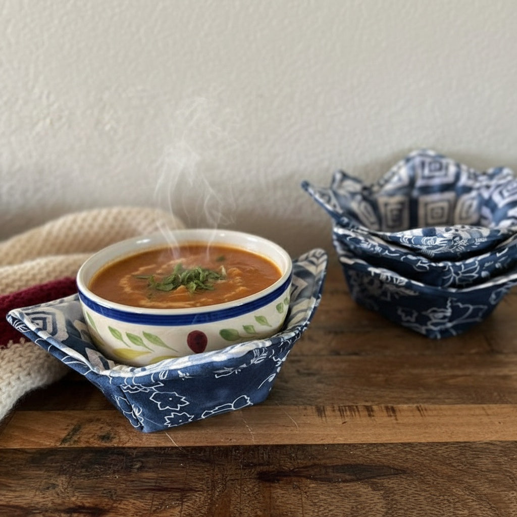 10” Winter Blues Bowl Cozy– 100% Natural Cotton, Microwave Safe