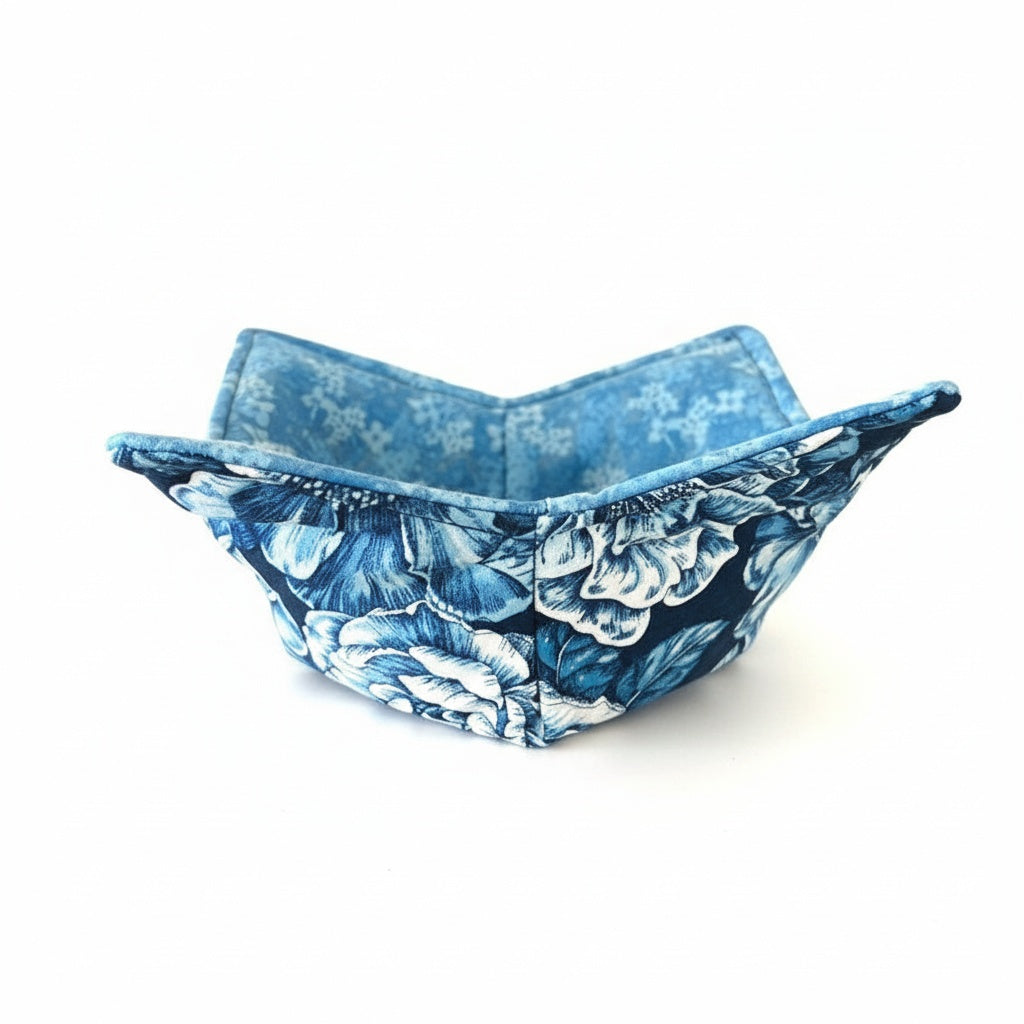 10” Blue Flower Bowl Cozy  – 100% Natural Cotton, Microwave Safe