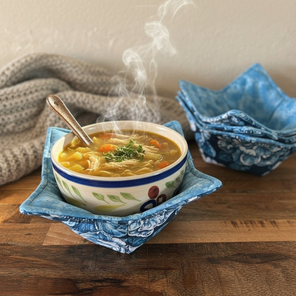 10” Blue Flower Bowl Cozy  – 100% Natural Cotton, Microwave Safe