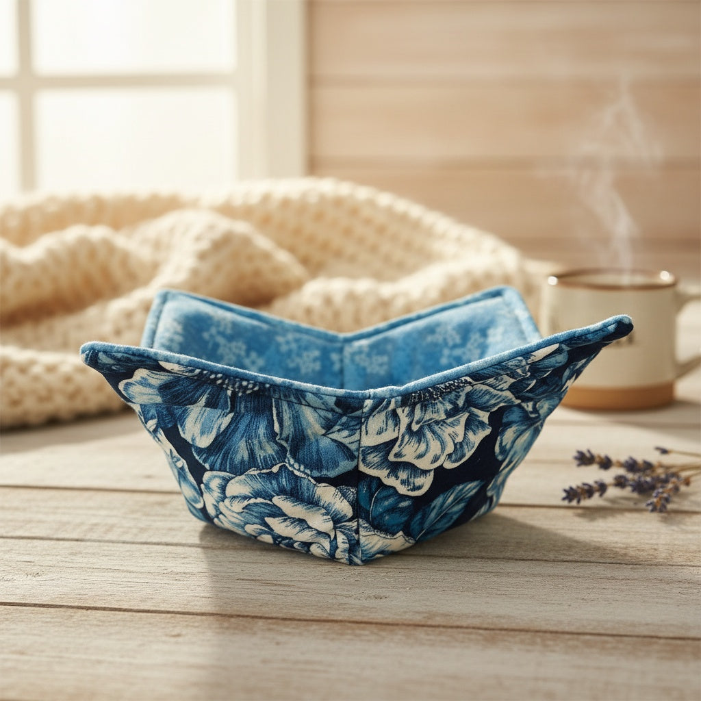 10” Blue Flower Bowl Cozy  – 100% Natural Cotton, Microwave Safe