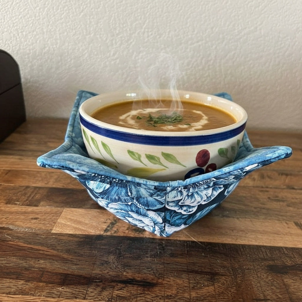 10” Blue Flower Bowl Cozy  – 100% Natural Cotton, Microwave Safe