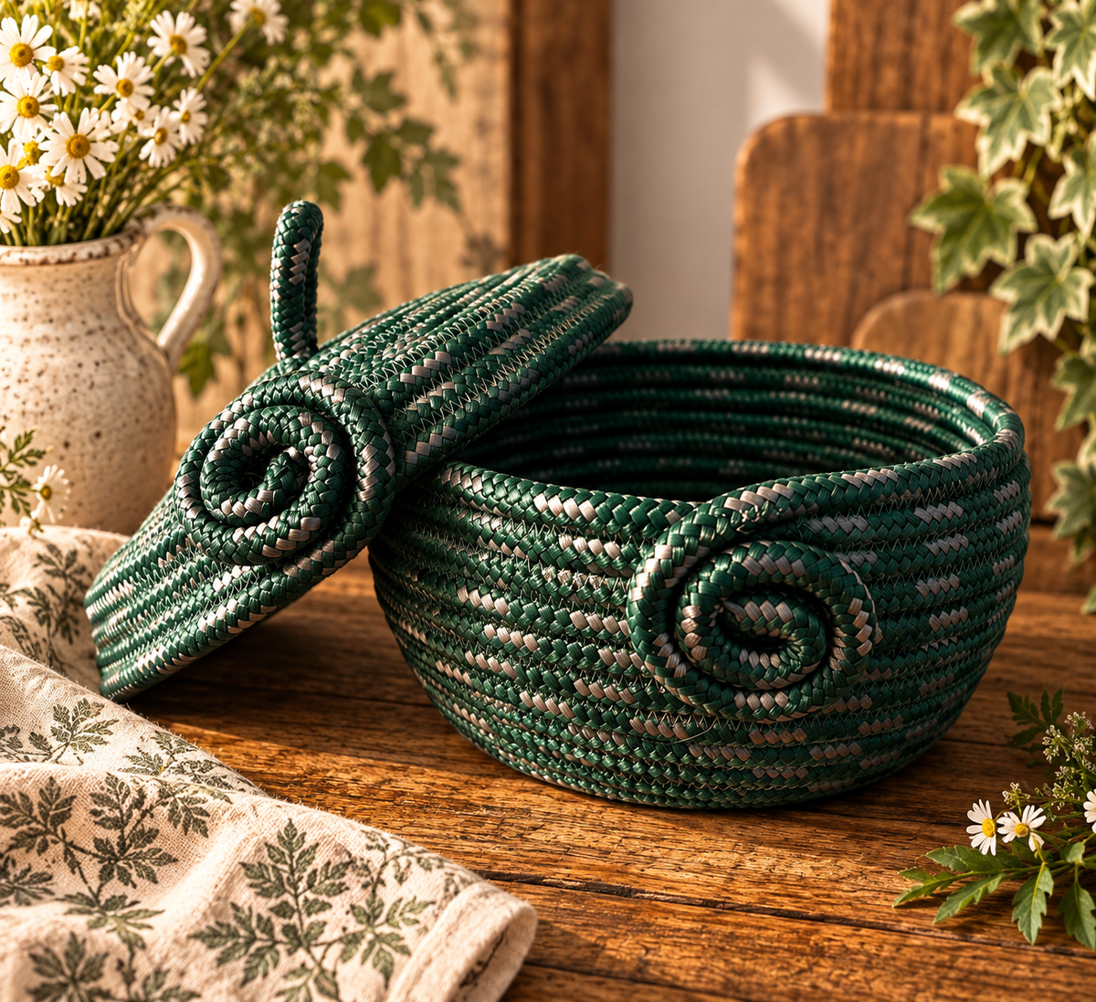 Forest Green Handmade Rope Basket with Lid – Cottagecore Storage Basket