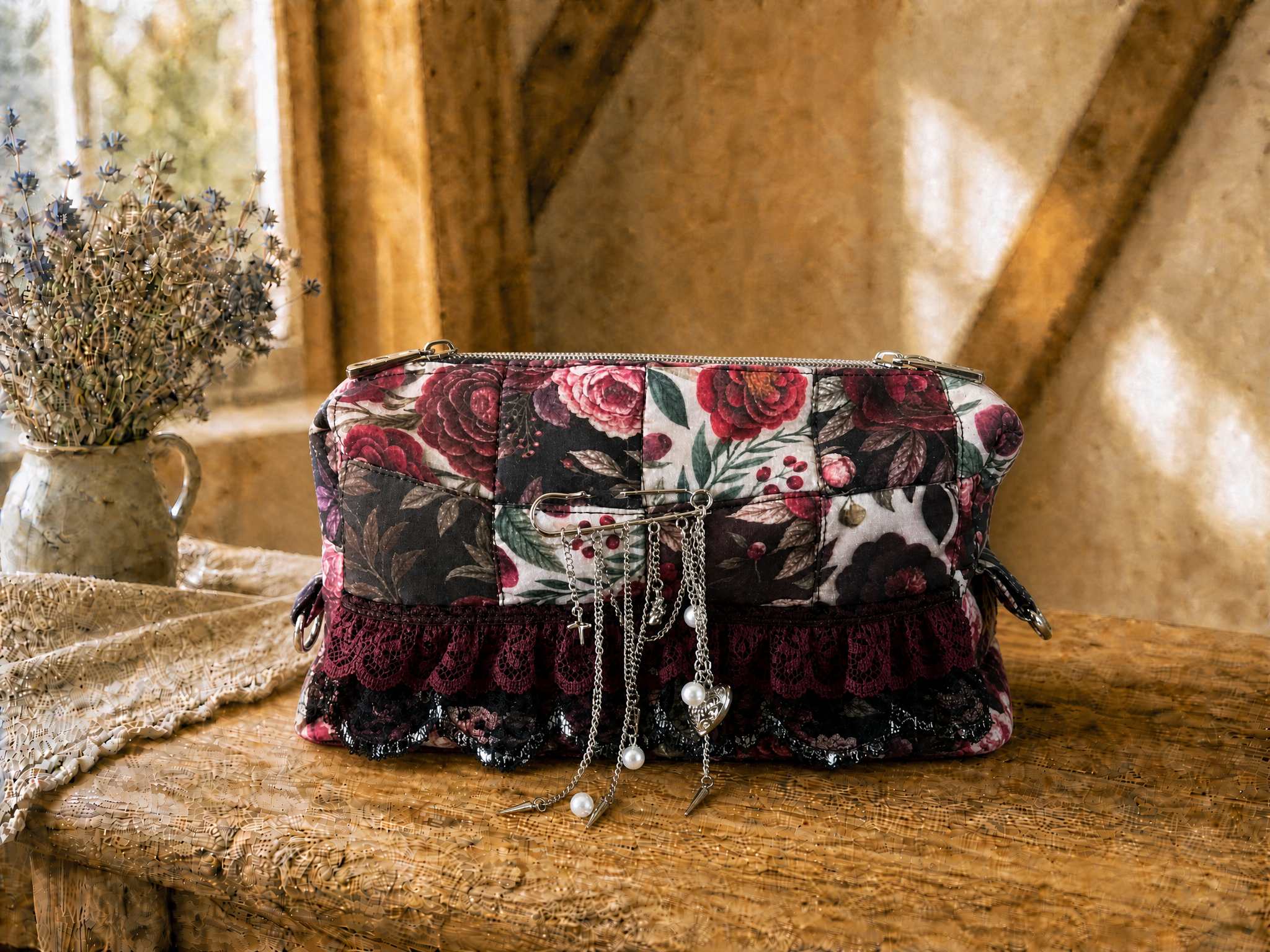 Dusty Rose Patchwork Lace Zipper Pouch – Handmade Gothic Floral Cosmetic & Accessories Bag