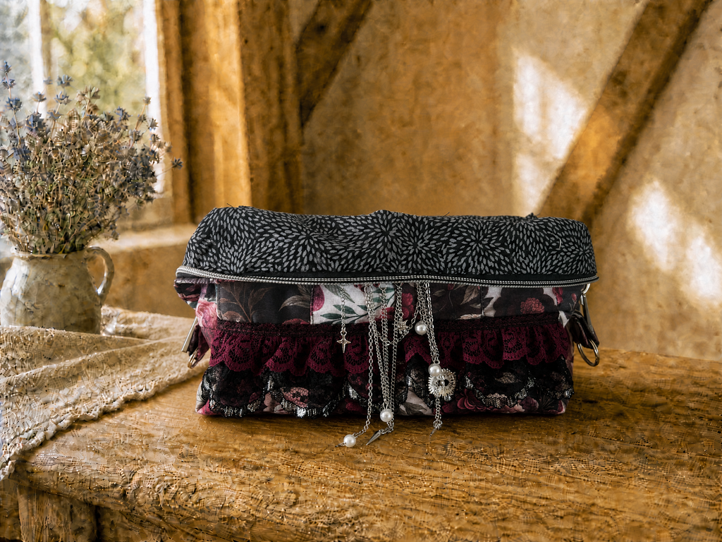 Dusty Rose Patchwork Lace Zipper Pouch – Handmade Gothic Floral Cosmetic & Accessories Bag