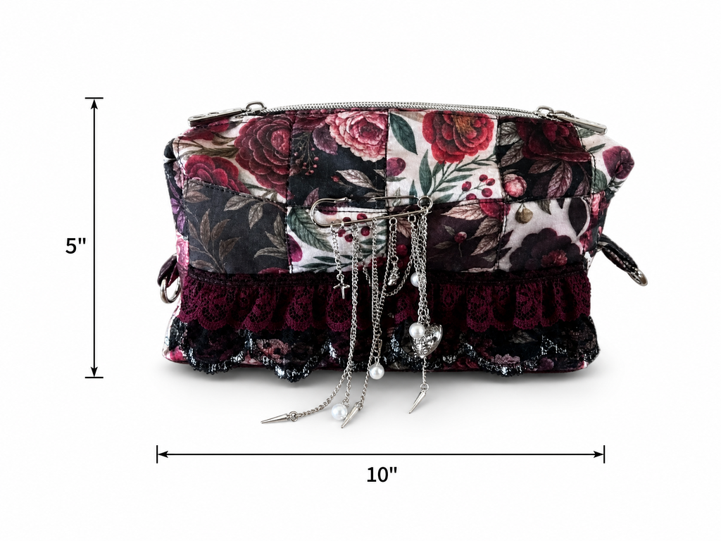 Dusty Rose Patchwork Lace Zipper Pouch – Handmade Gothic Floral Cosmetic & Accessories Bag