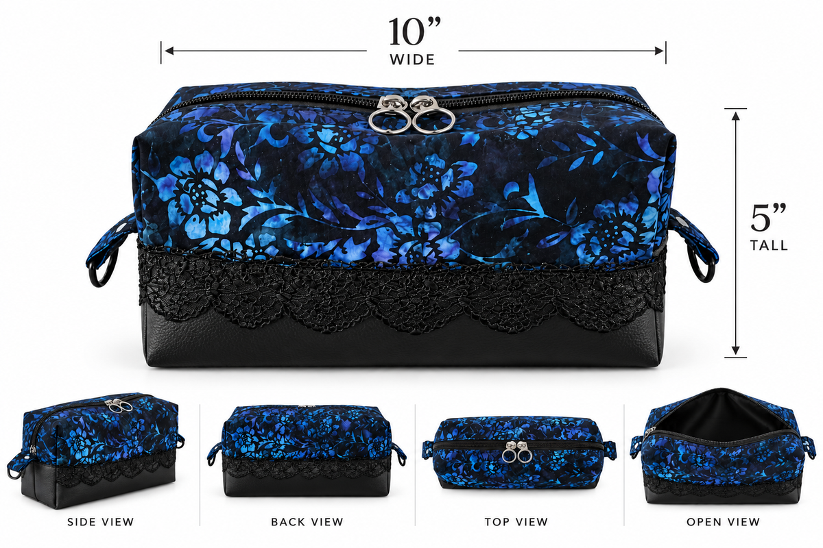 Midnight Blue Blooms – Handmade Floral Lace Cosmetic Pouch