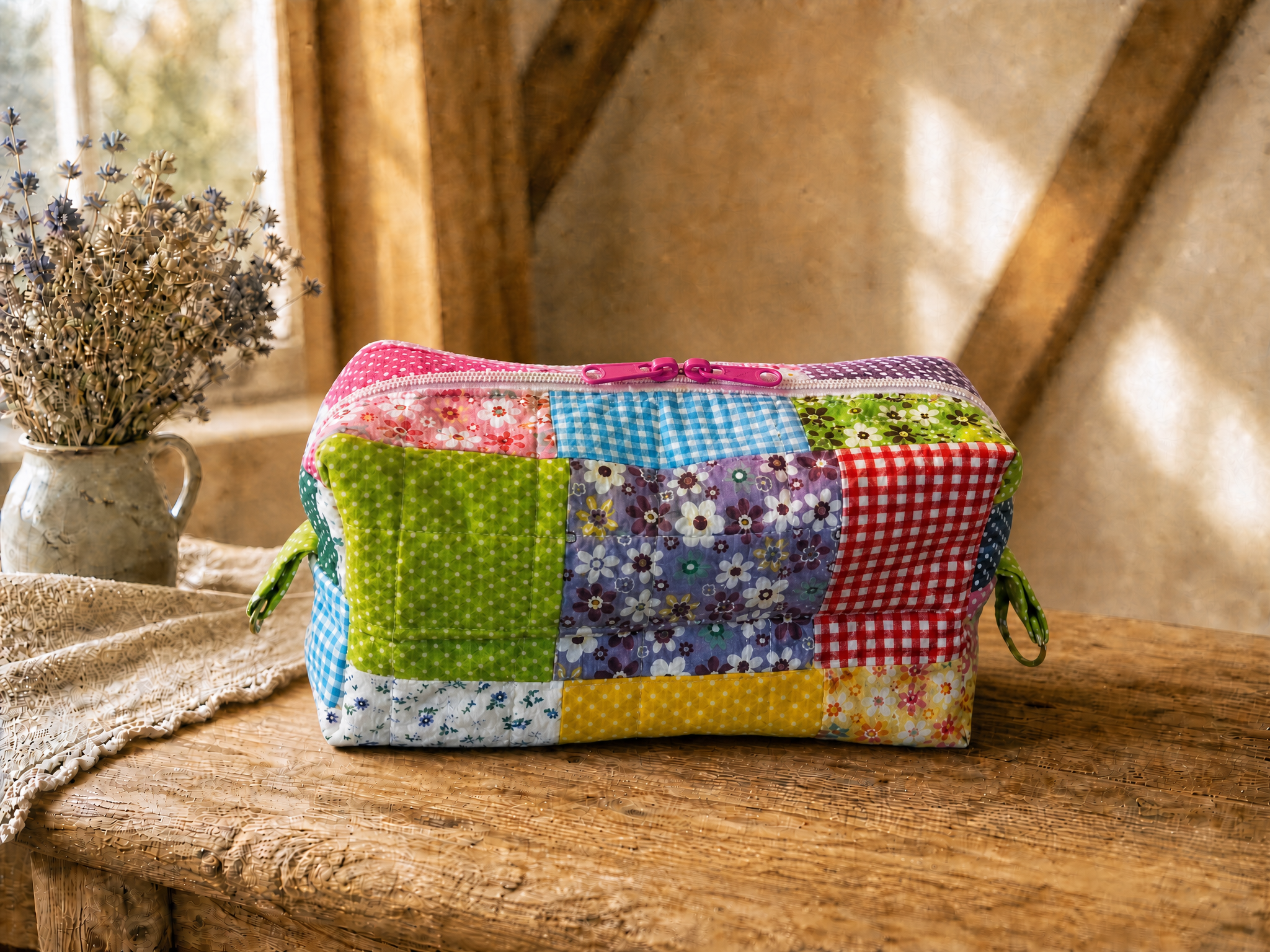 Handmade Colorful Patchwork Quilted Zipper Pouch – Floral Cosmetic Bag | Travel Makeup Organizer