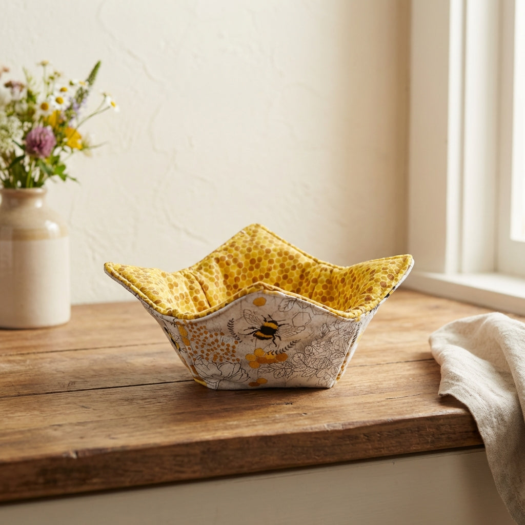 Golden Honey Bee – 10” Quilted Bowl Cozy (Microwave Safe)