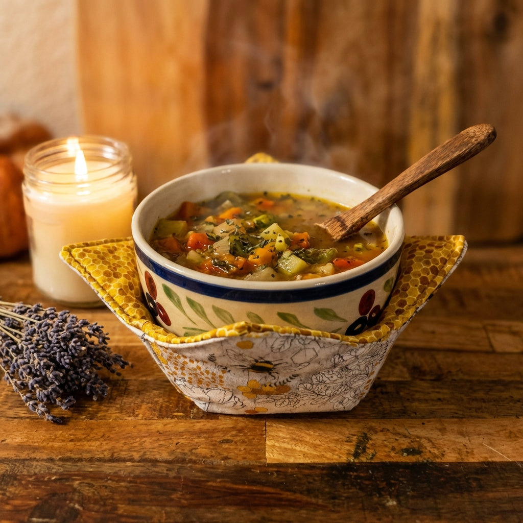 Golden Honey Bee – 10” Quilted Bowl Cozy (Microwave Safe)