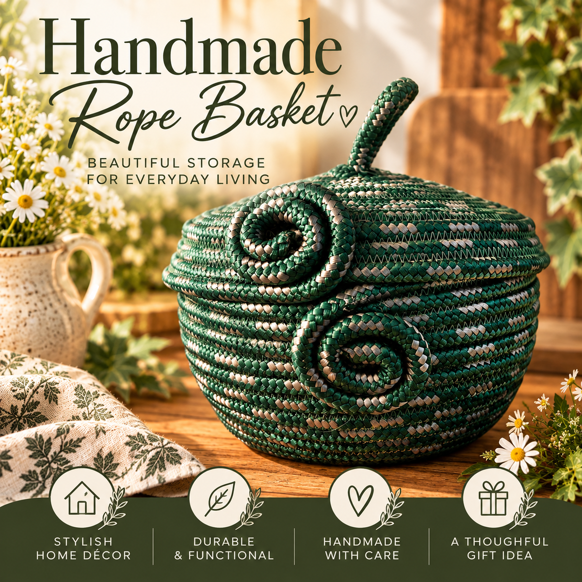 Forest Green Handmade Rope Basket with Lid – Cottagecore Storage Basket