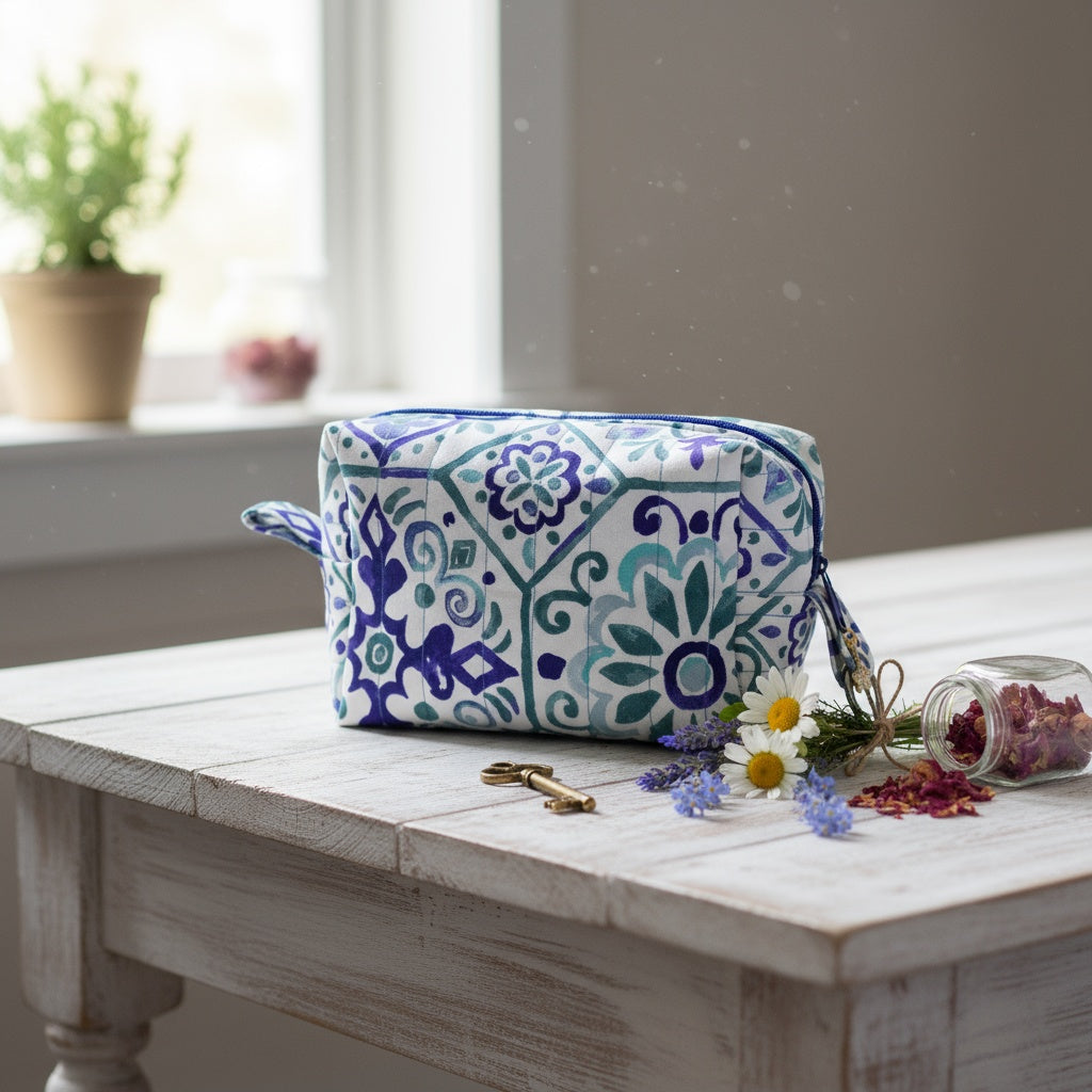 Decorative Makeup Bag with a floral pattern on a wooden table with flowers and keys.