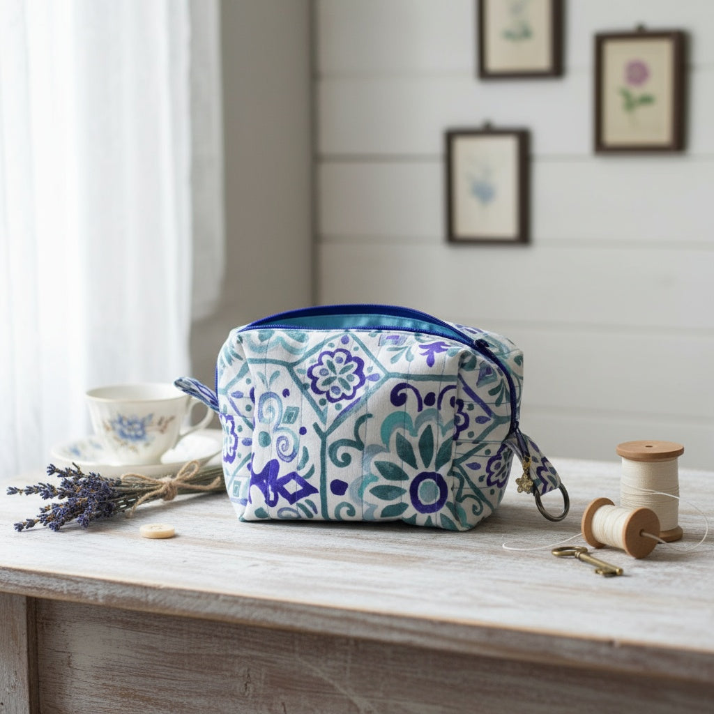 Patterned Makeup Bag on a wooden surface with a tea cup and lavender in the background
