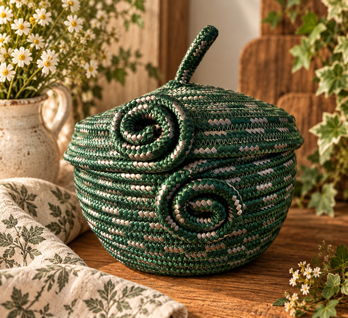 Forest Green Handmade Rope Basket with Lid – Cottagecore Storage Basket