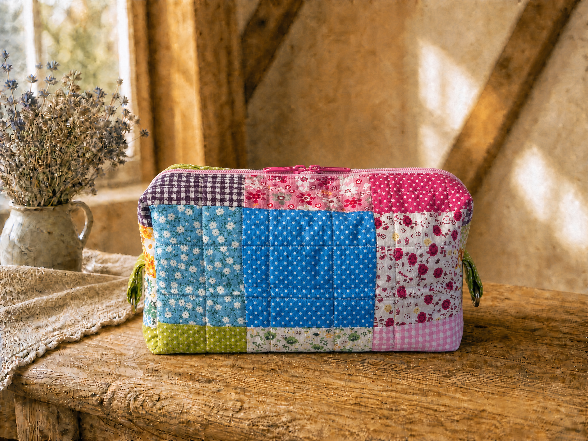 Handmade Colorful Patchwork Quilted Zipper Pouch – Floral Cosmetic Bag | Travel Makeup Organizer