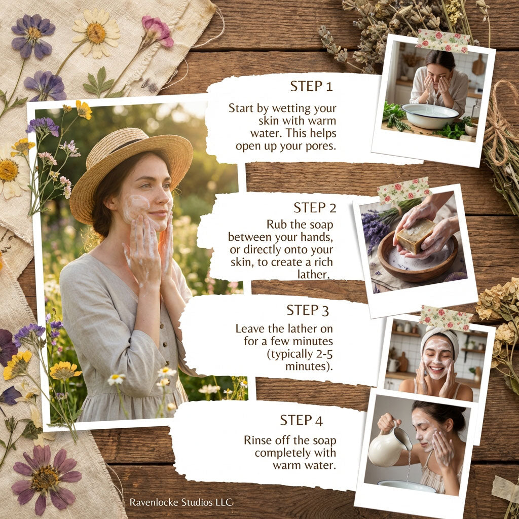 Step-by-step guide to soap usage with images and text on a wooden background.