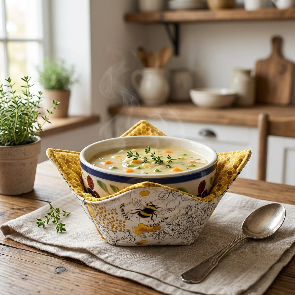 Golden Honey Bee – 10” Quilted Bowl Cozy (Microwave Safe)