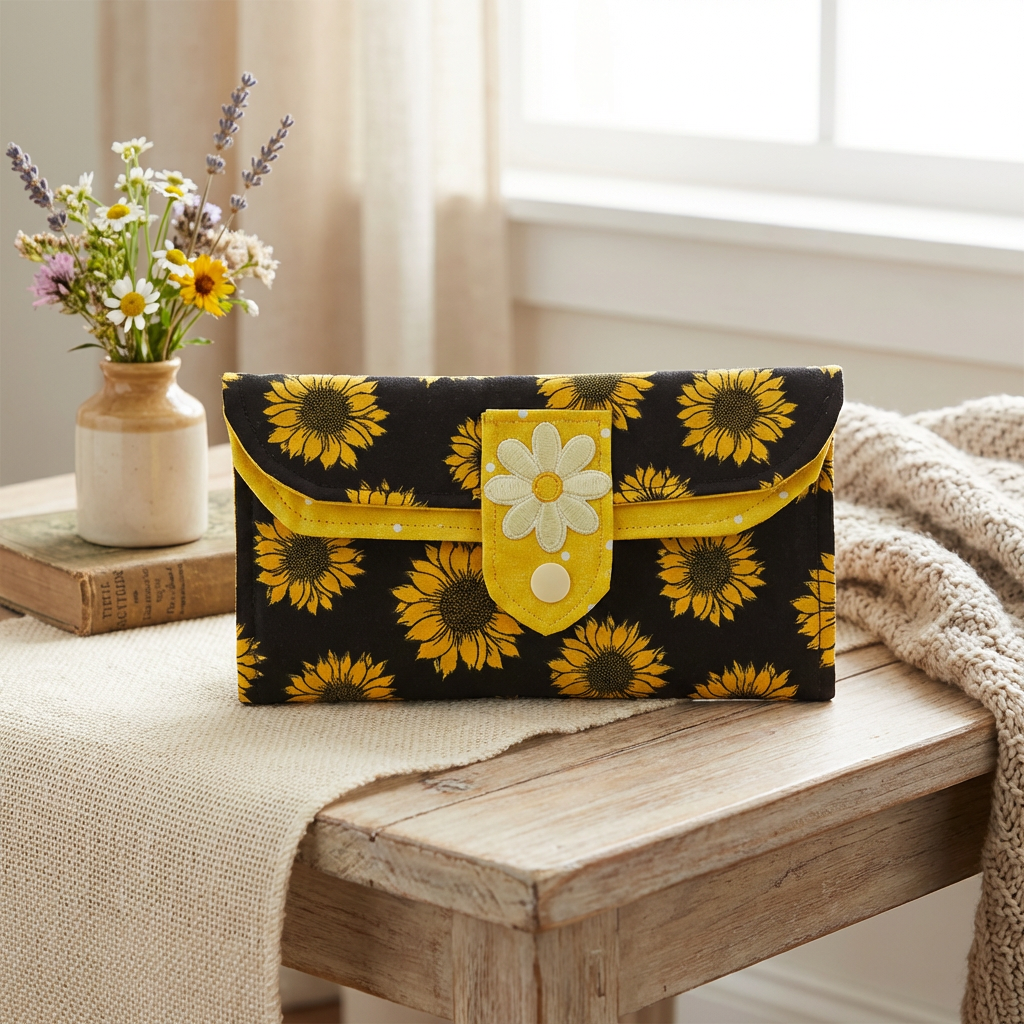 Floral-patterned pouch on a wooden surface with a vase of flowers in the background