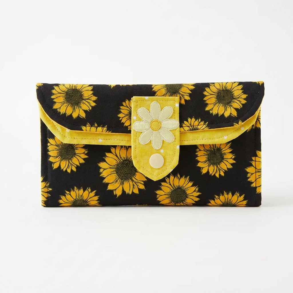 Floral patterned clutch bag with yellow accents on a white background