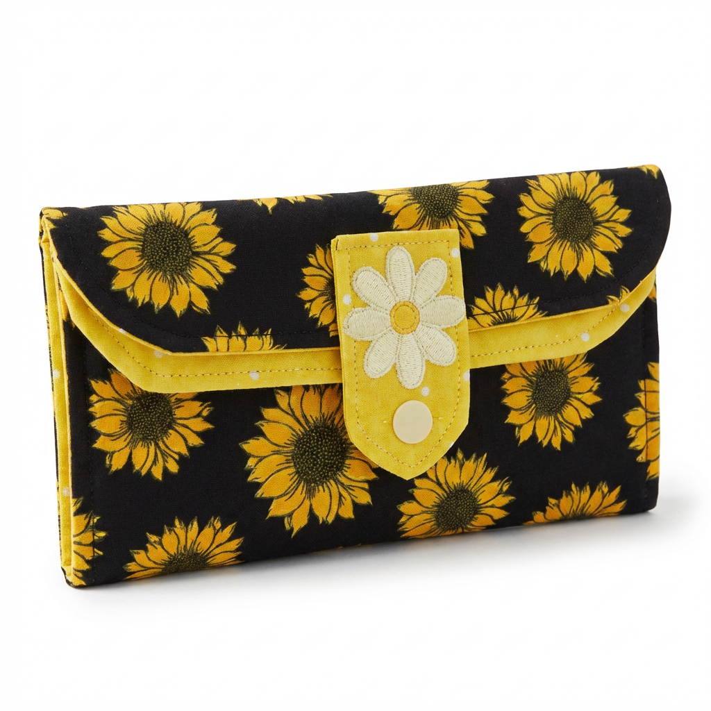 Floral clutch bag with sunflower pattern on a black background