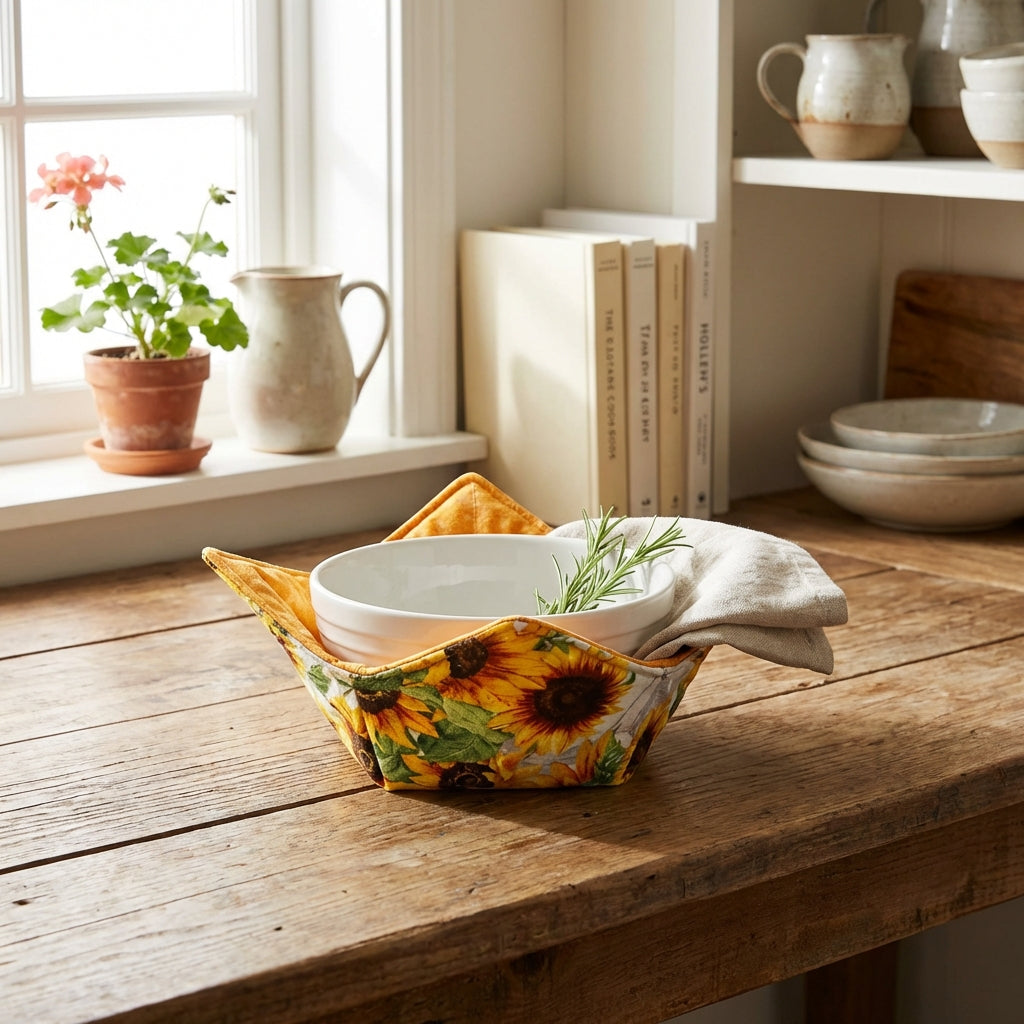 Decorative sunflower-patterned bowl on a wooden table with a window and books in the background.