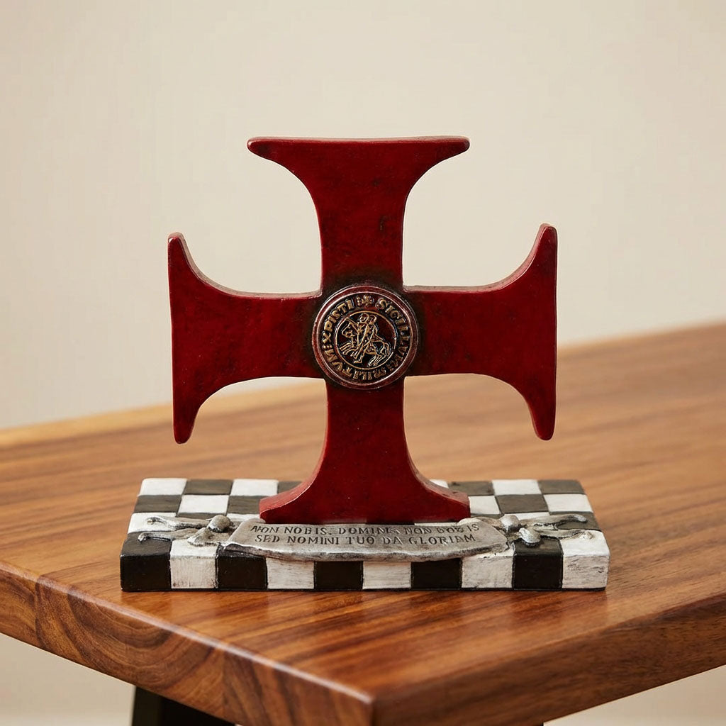 Red cross-shaped object on a checkered base 