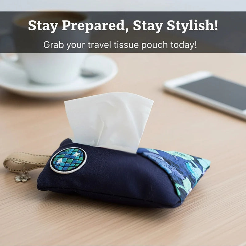 Travel tissue pouch with tissues on a table with a cup and phone in the background, promotional text above.