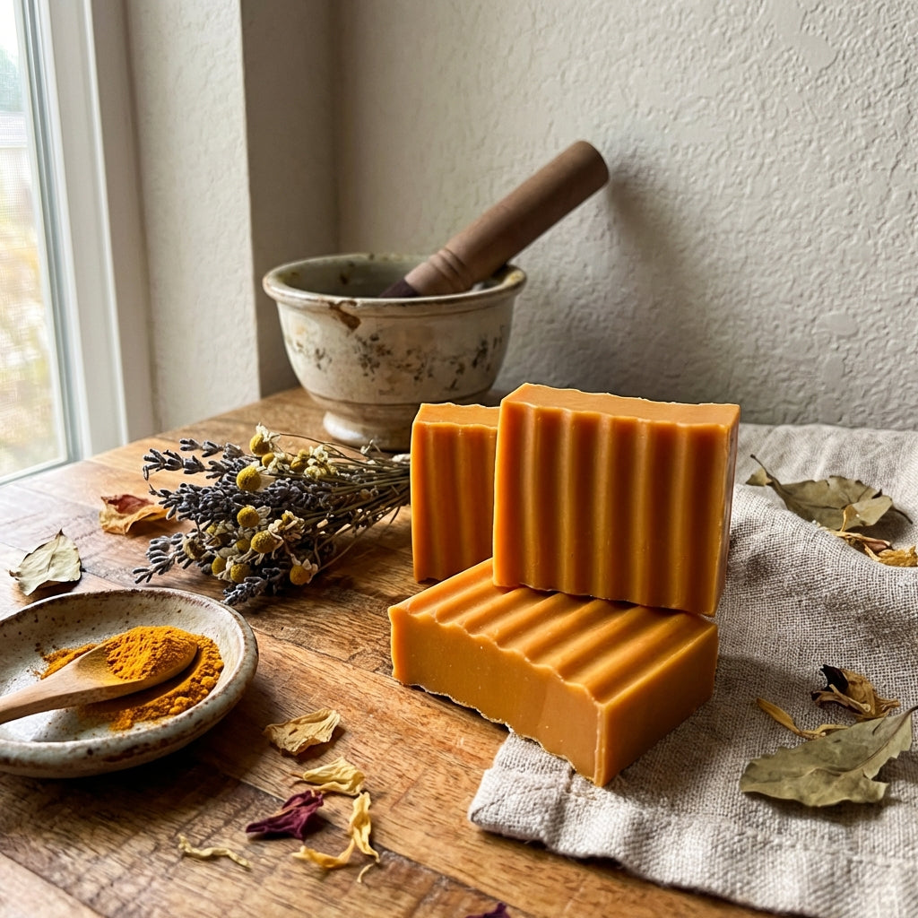 Three orange soap bars on a wooden surface with dried herbs and a mortar and pestle.