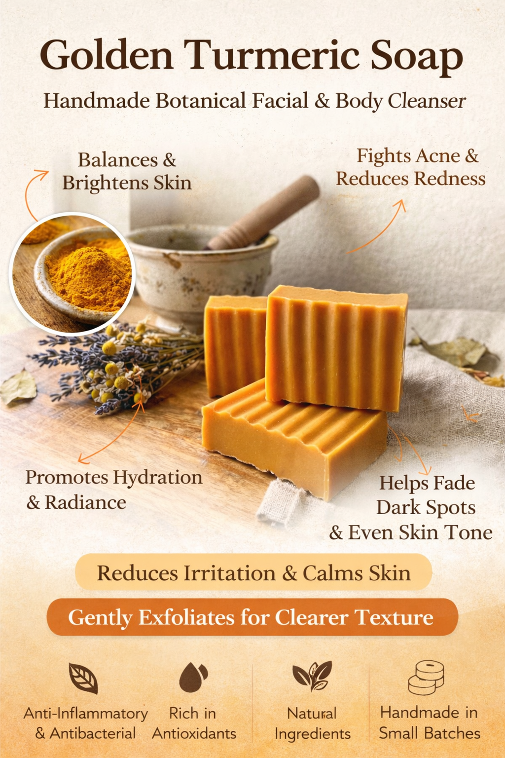 Golden turmeric soap with benefits listed on a wooden surface.