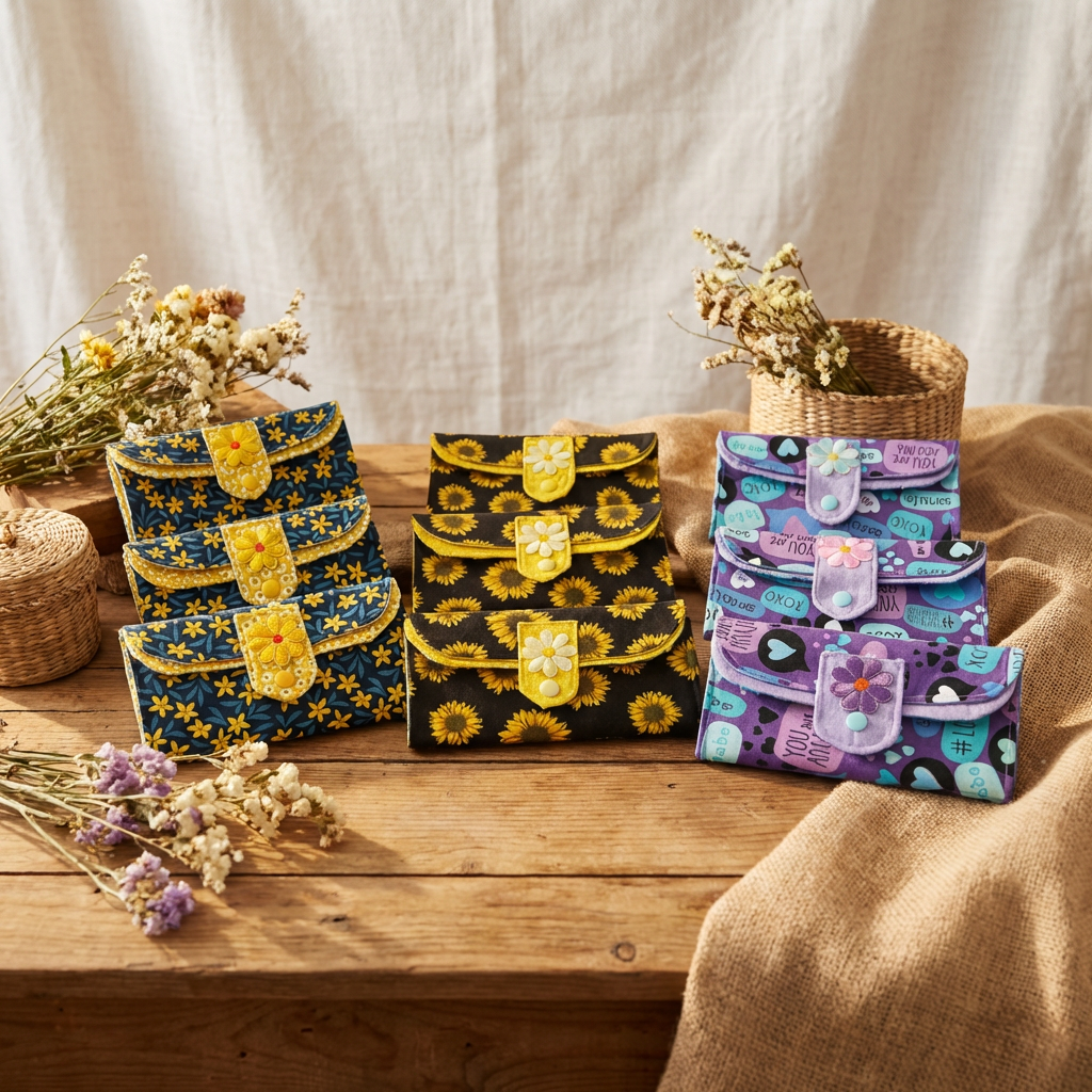 Three colorful bags on a wooden surface with dried flowers and a textured fabric background