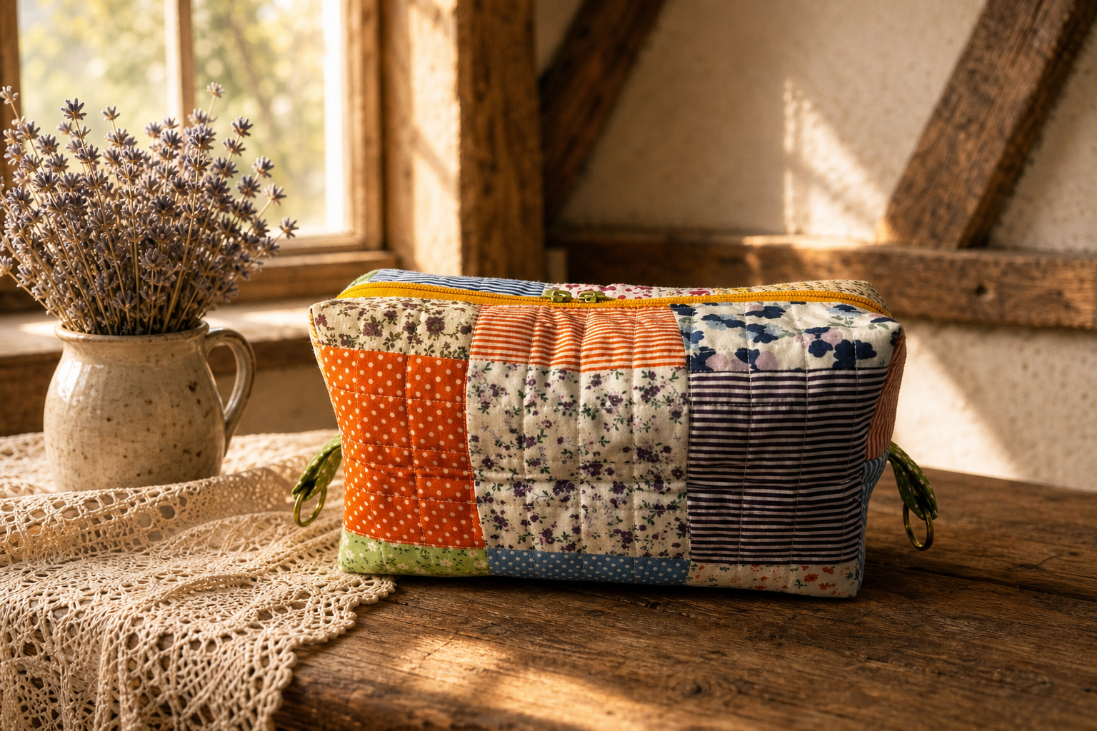 Handmade Patchwork Quilted Zipper Pouch – Colorful Floral Makeup Bag | Travel Cosmetic Organizer
