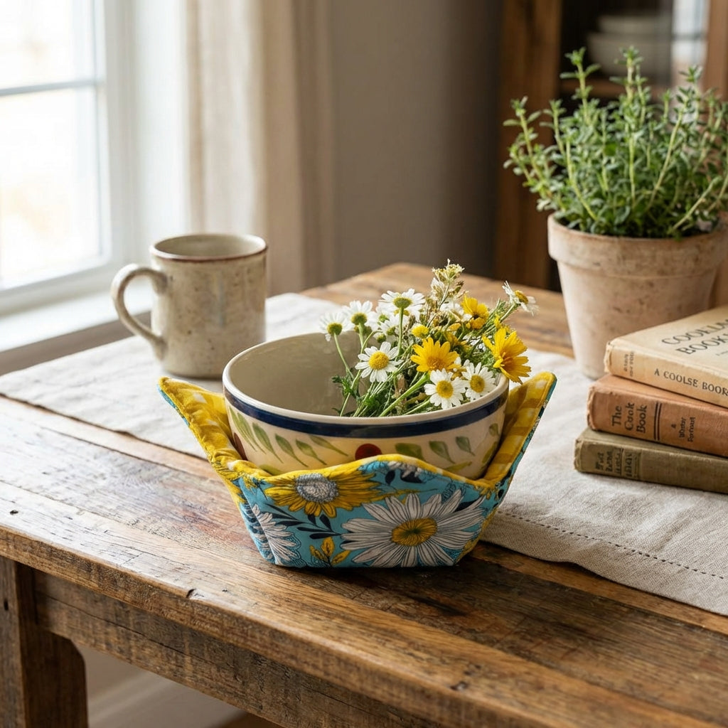 Decorative bowl with flowers on a wooden table next to a mug and books.