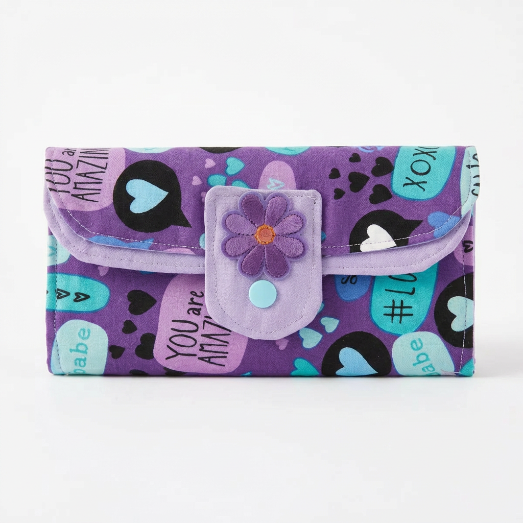 Purple wallet with floral design and text on a white background